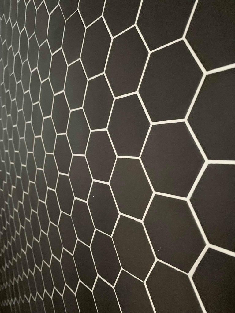 Black and white patterned feature wall tiling in Sydney Inner West